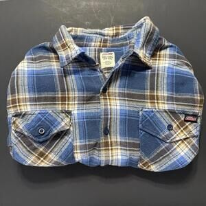 DICKIES Heavy Flannel Shirt Men 3XL Blue Brown Blanket Plaid Grunge Work Outdoor